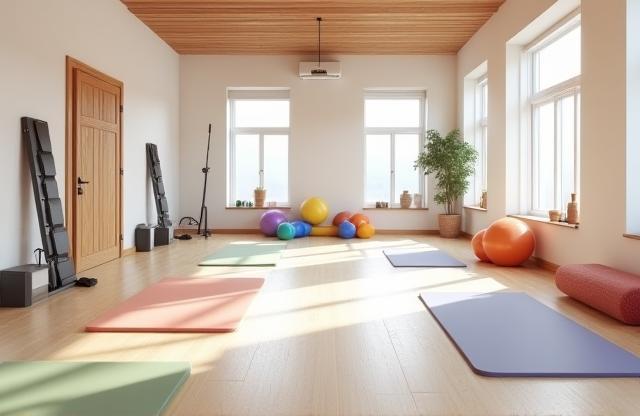 Stretching and functional training area with mats and equipment