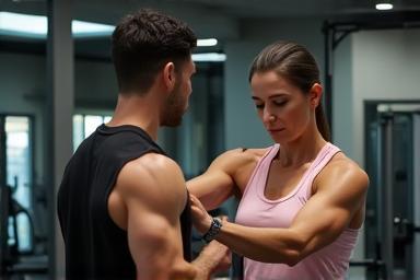 Personal trainer guiding a client